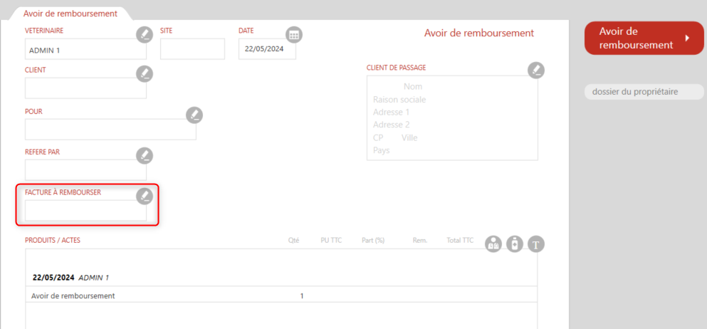Champ "Facture à rembourser" dans le logiciel DrVeto