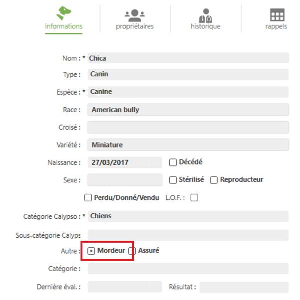 Animal mordeur dans la fiche animal de DrVeto Windows