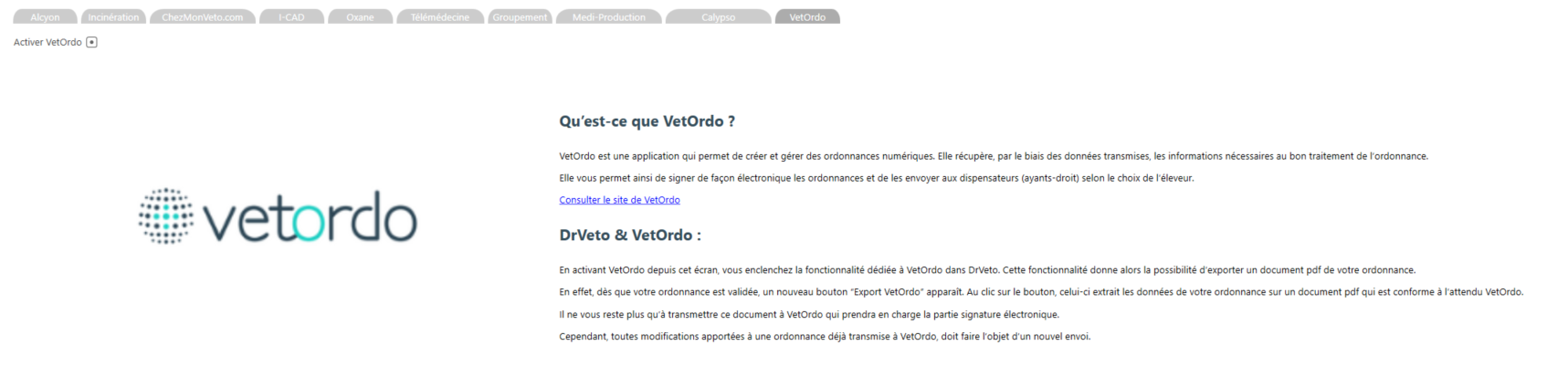 Partenaire VetOrdo dans DrVeto windows