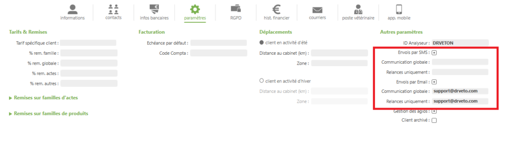 Fiche client - paramètres de communication